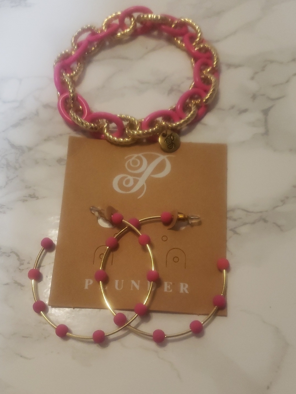 Plunder Pink and Gold Stretch Bracelet with Pink-Bead Hoop Earrings